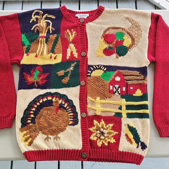 Vintage Robin Sinkler Womens Fall Thanksgiving Hand Knit Sweater Cardigan Small - Picture 10 of 10